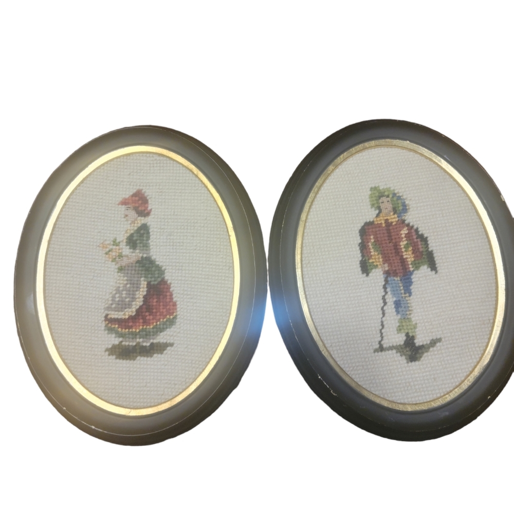 Vintage needlepoint 1968 black oval framed x2 cross stitch